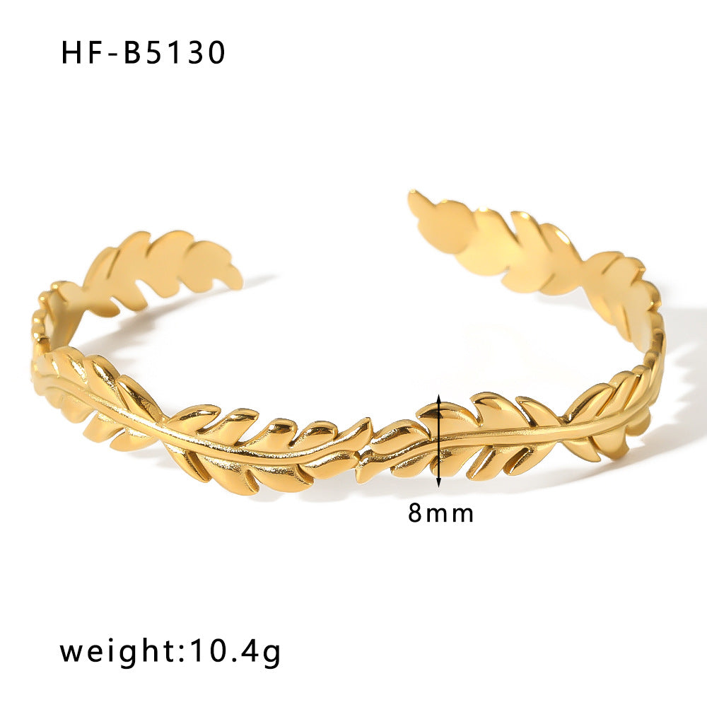 Adjustable Open Bangle Bracelet for Women in Stainless Steel with 18K Gold Plating, Hollow-Out Design, Textured Chain and Irregular Woven Pattern
