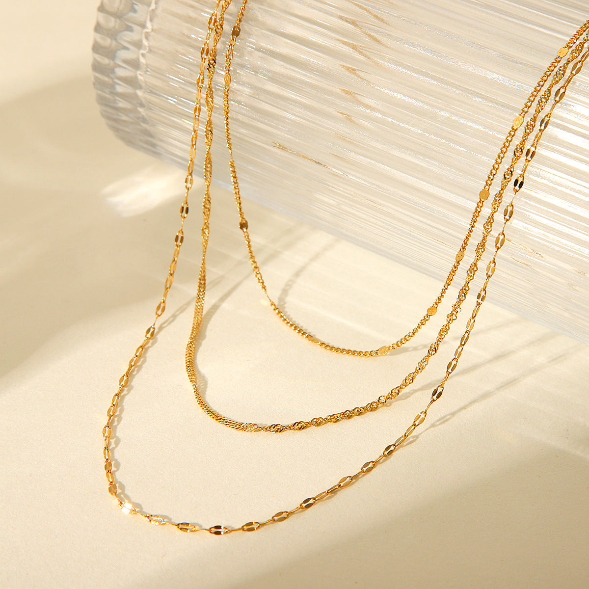 Trendy Geometric 18K Gold Plated Stainless Steel Triple Layer Necklace for Women