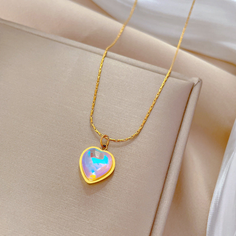 Minimalist Titanium Steel Heart Pendant Collar Chain Floral Accent Necklace