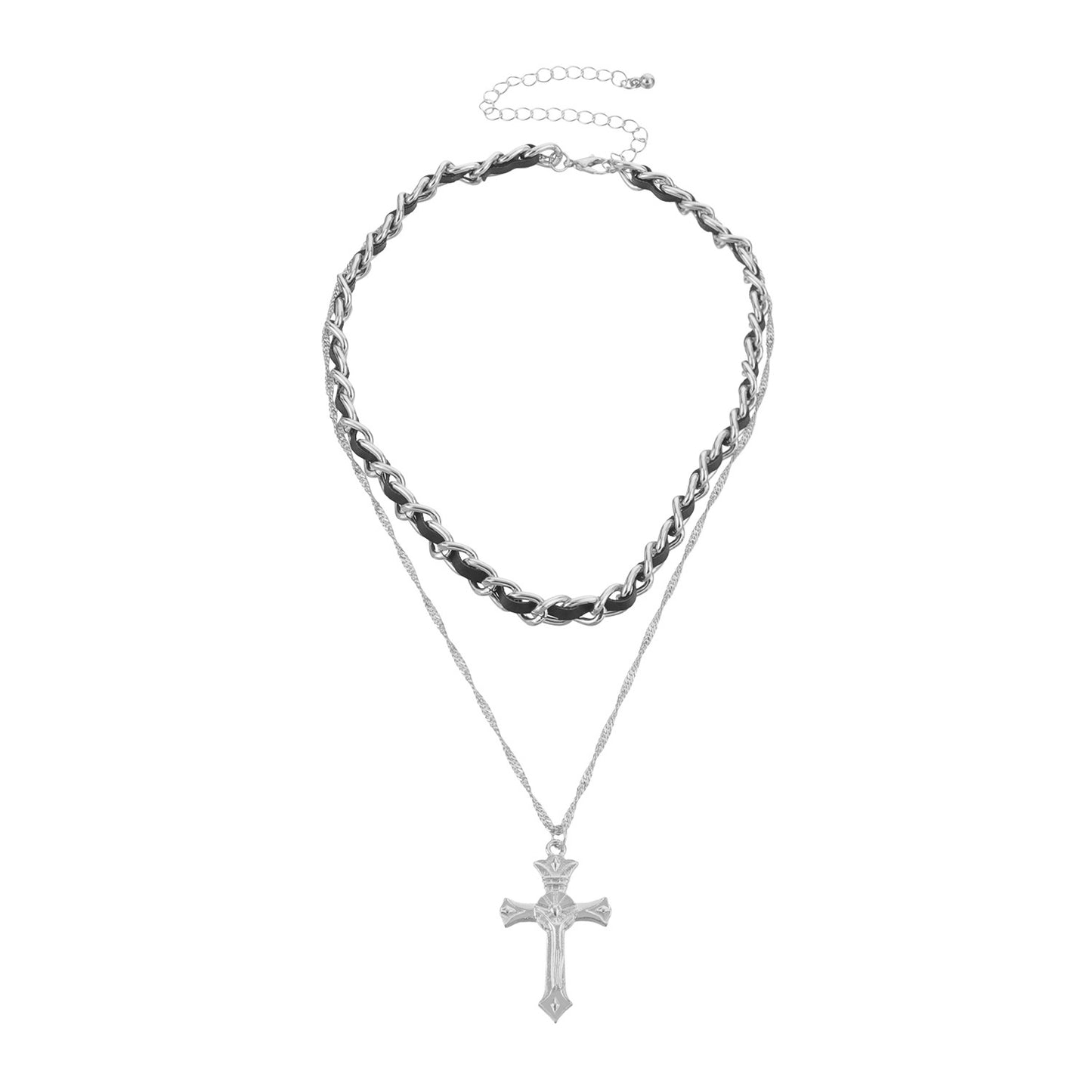 Vintage Cross Pendant Necklace for Women in Alloy with Electroplated Finish and Adjustable Black Leather Cord