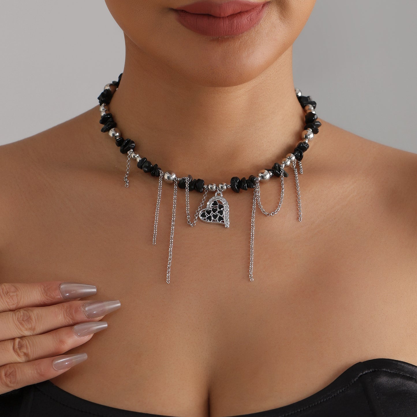 Vintage Streetwear Heart Geometric Alloy Plated Necklace with Tassel for Women