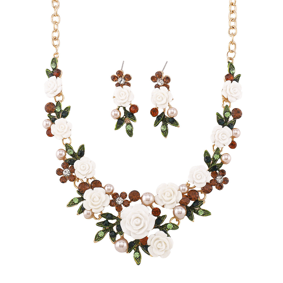 Set di collana, orecchini e bracciale floreale in lega e resina con intarsi di strass per donna