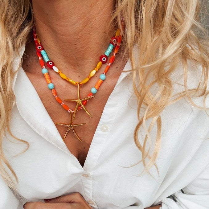 Sweet Streetwear Geometric Star Alloy Pendant Necklace with Colorful Resin and Acrylic Beads Eye Detail Double Layer Ball Chain