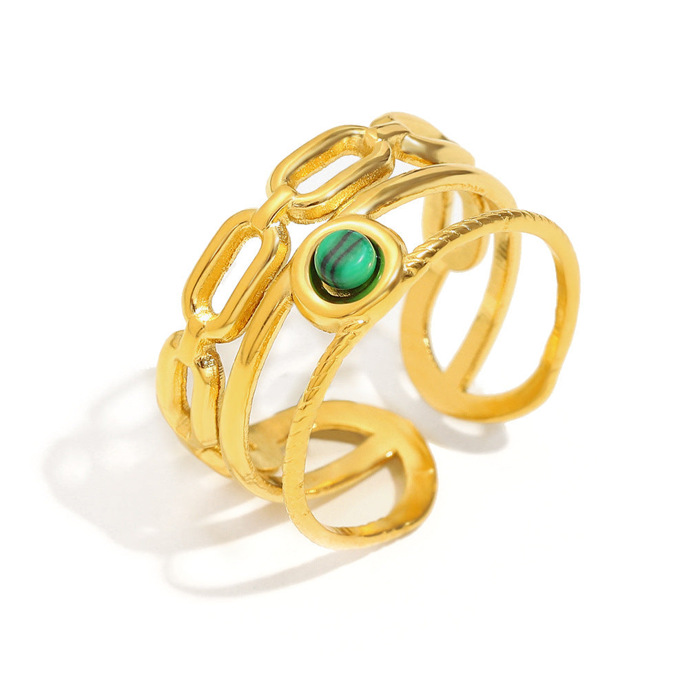 Anello da donna alla moda in acciaio inossidabile con design geometrico, placcatura in oro 18 carati e inserti in malachite