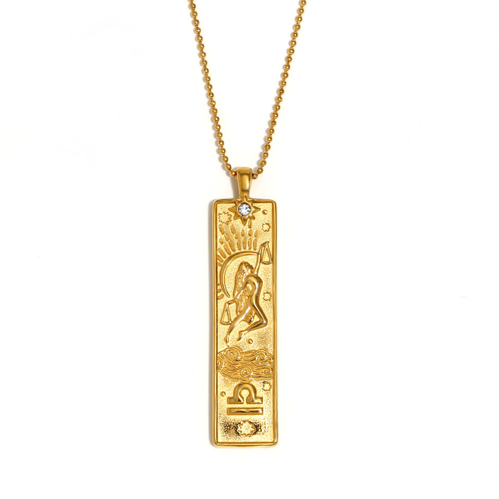 Vintage Geometric Zodiac Pendant Necklace for Women Stainless Steel with 18K Gold Plating Square Charm