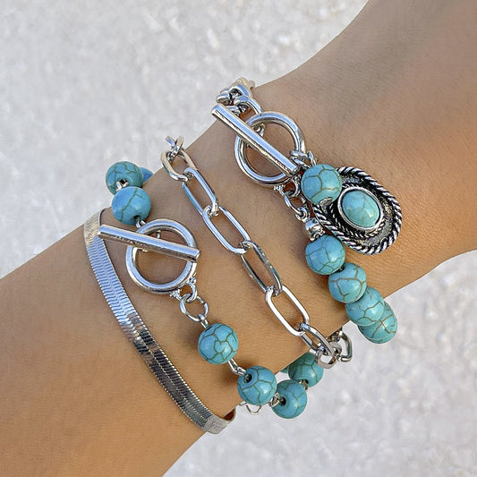 Vintage Bohemian Geometric Alloy Bracelet Set with Snake Chain, Tassels, and Asymmetrical Design