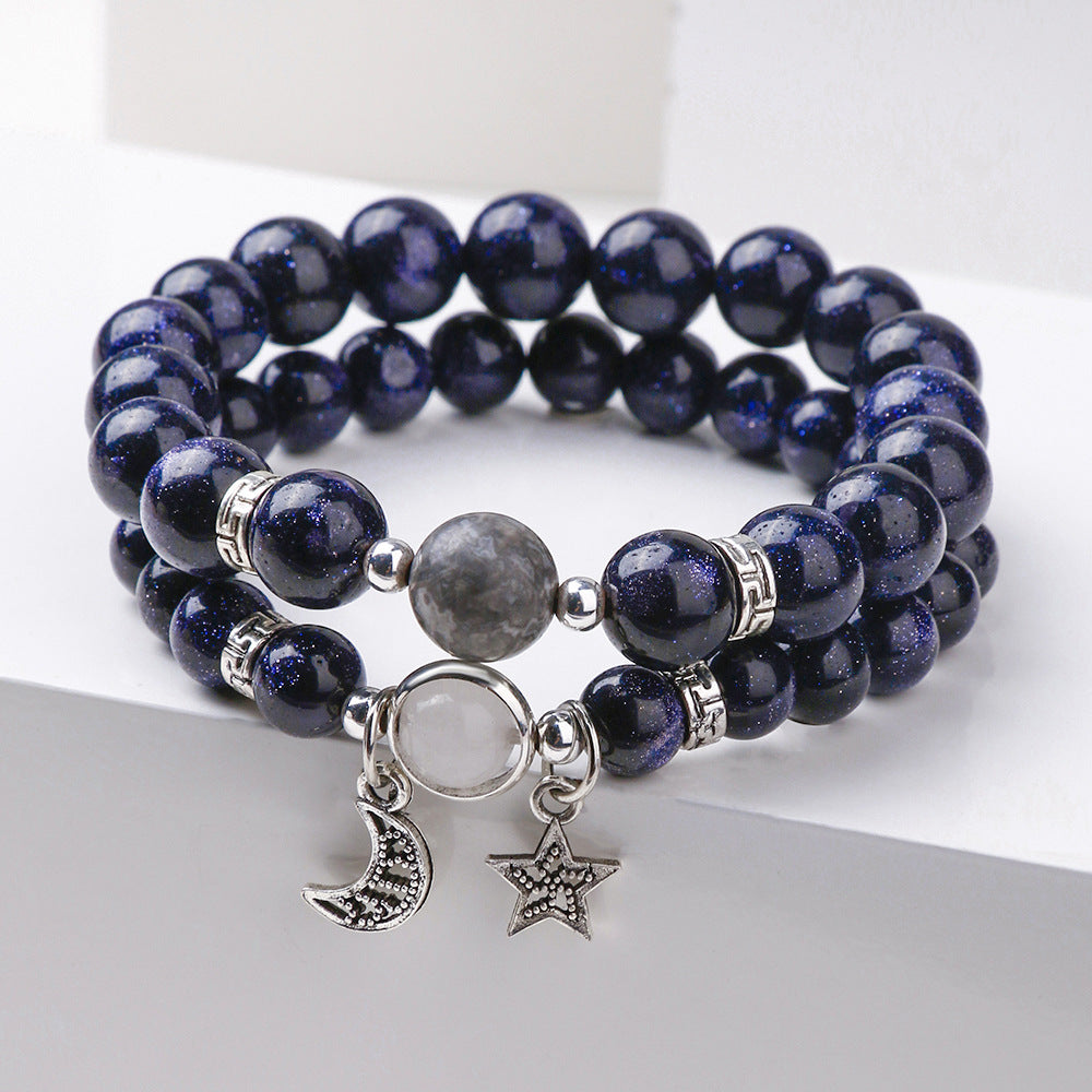 Minimalist Star Brass Plated Bracelet with Blue Sandstone and Obsidian for Unisex