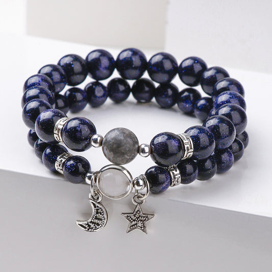 Minimalist Star Brass Plated Bracelet with Blue Sandstone and Obsidian for Unisex