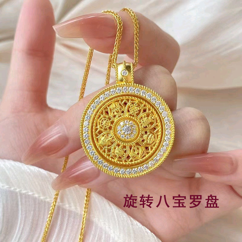 Vintage Chinese Style Hollow Eight Treasures Compass Pendant Necklace for Women Titanium Steel with Gold Plated Copper Charm and Choker Chain