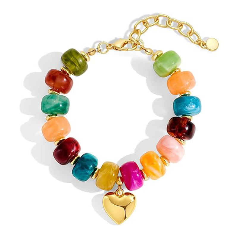 Fashion Gradient Acrylic Resin Heart Geometric Charm Bracelet Unisex Polished Beaded Hand Chain