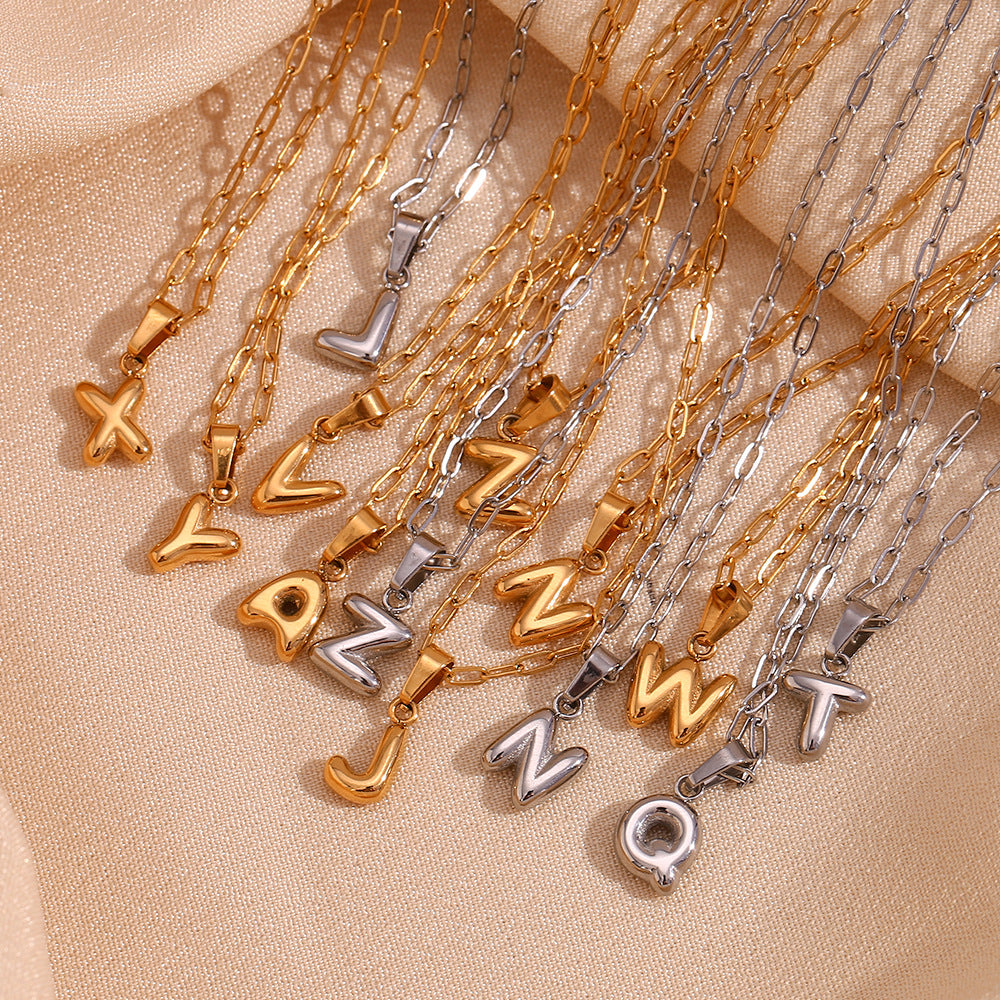Minimalist Fashion Letter Pendant Necklace in Stainless Steel with 18K Gold Plating, Bubble-Inspired Mini Safety Pin Design for Women