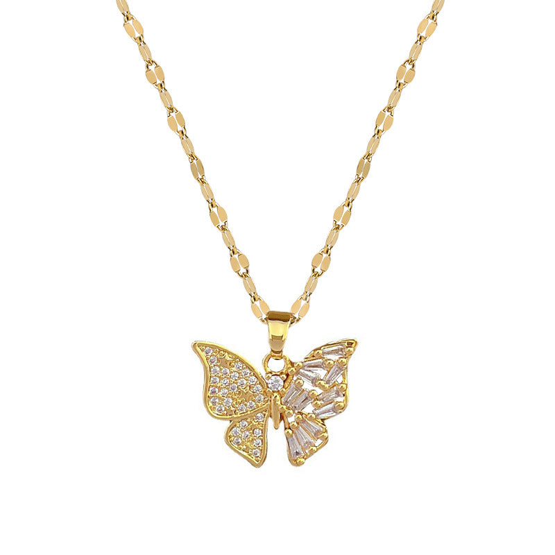 Luxury Titanium Steel Butterfly Pendant Necklace and Earrings Set with Micro-Pavé Detail for Women Elegant Party Jewelry