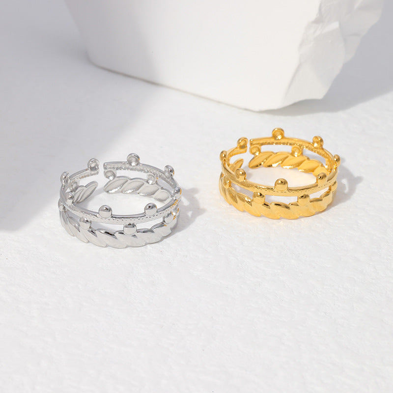 Anello Aperto Regolabile a Corona Geometrica in Acciaio Inossidabile Placcato Oro 18K per Donna