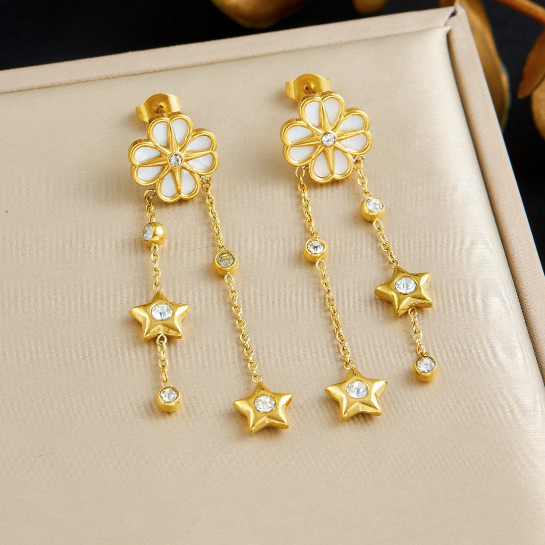 Vintage Gold Plated Stainless Steel Star and Floral Earrings with Rhinestone and Shell Inlay