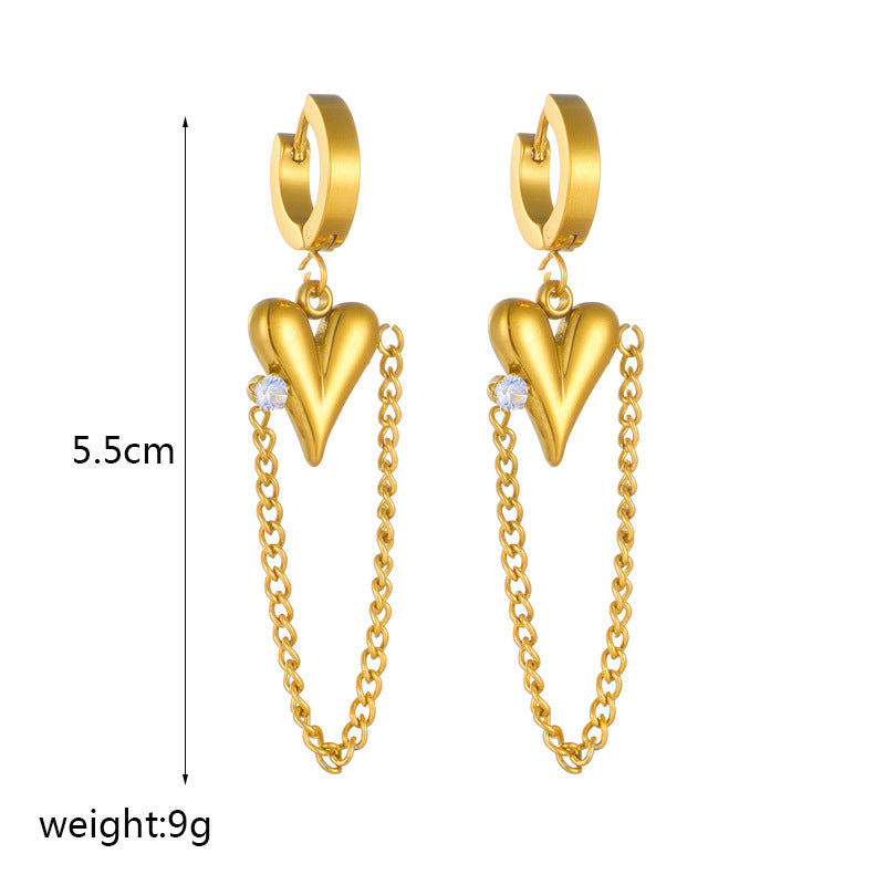 Pendientes de cadena larga de acero de titanio chapados en oro con forma de corazón y adornos de diamantes de imitación, minimalistas y elegantes para mujer