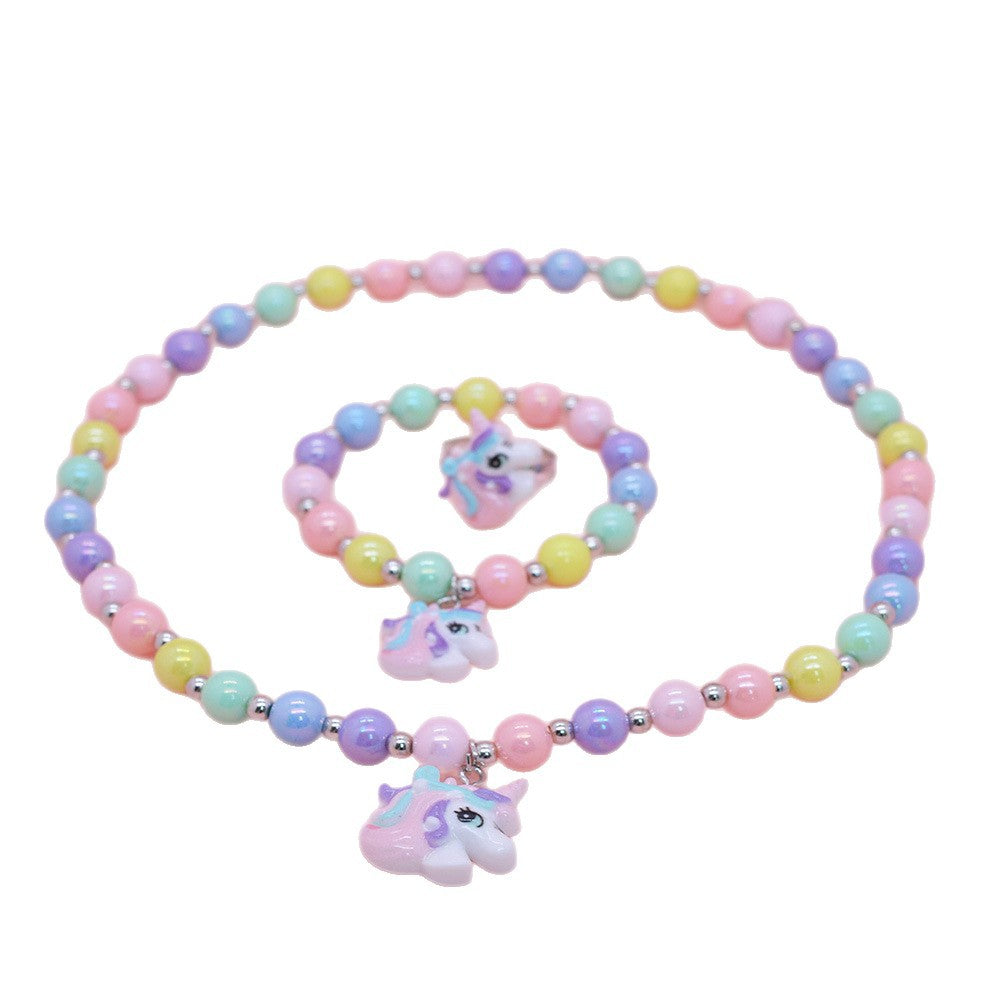 Set collana in resina a forma di unicorno dei cartoni animati per bambine - Gioielli per bambini a forma di animale con catena di perline