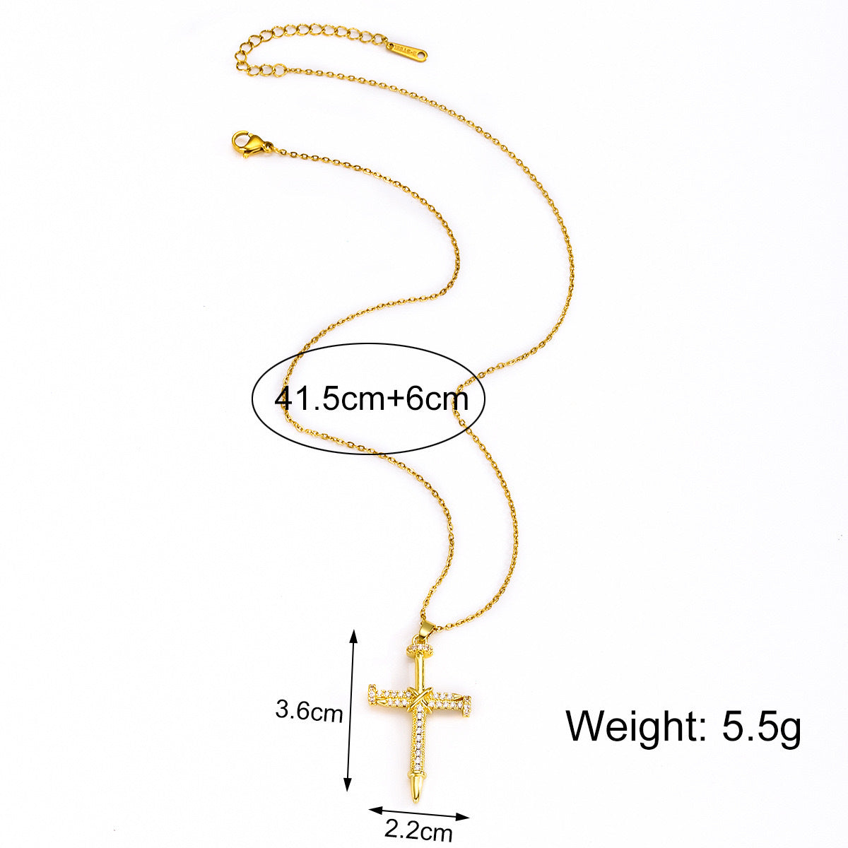 Collana a croce geometrica di lusso leggero, placcata oro 18K in acciaio al titanio con intarsi in strass, pendente con catena a O per donna