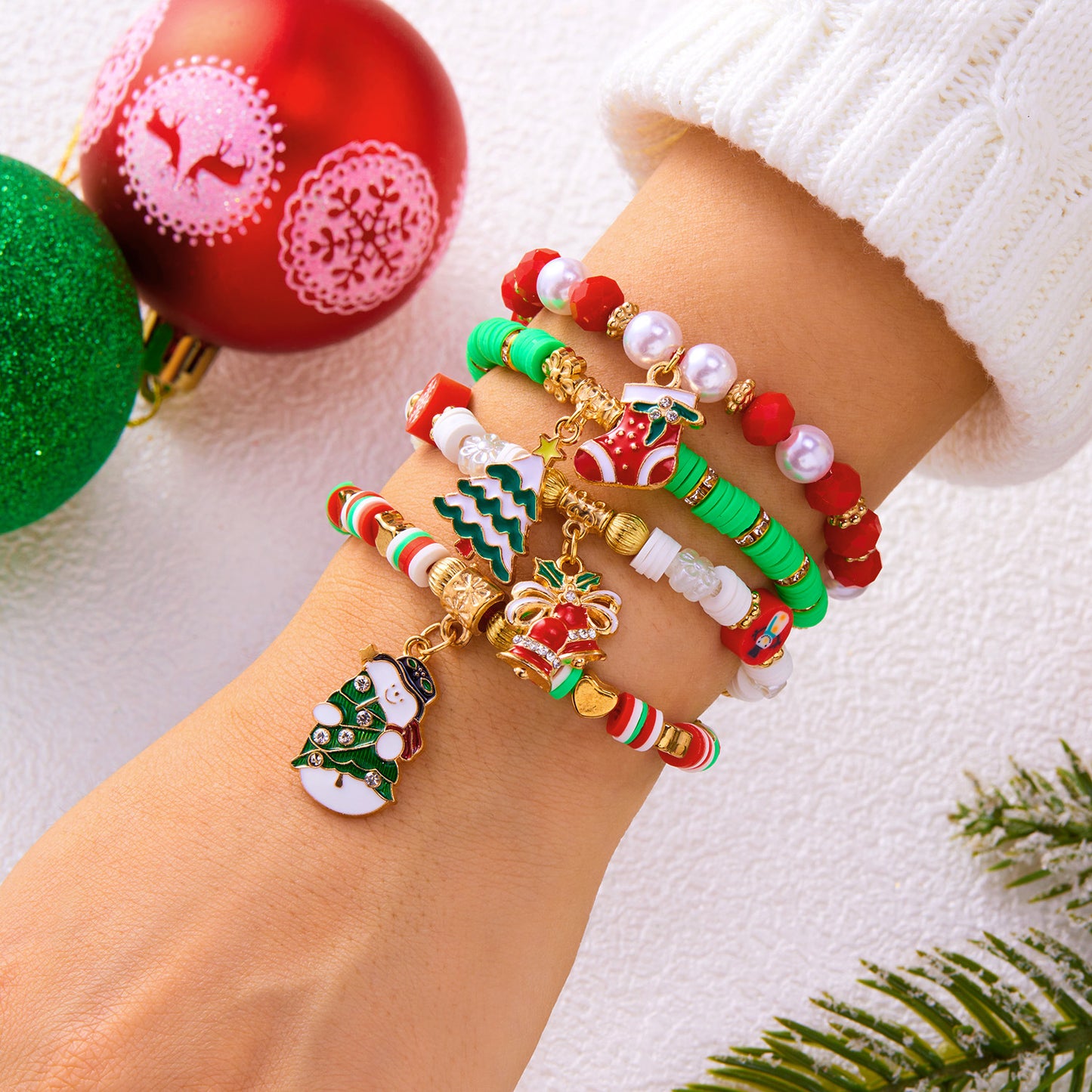 Christmas-Themed Handcrafted Alloy Bracelet Set with Santa Elk Bell Crystal Pearl Adjustable Braided Design for Unisex Wear