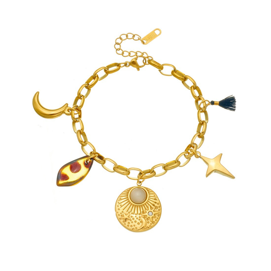 Vintage Gold Plated Star Moon Round Stainless Steel Bracelet