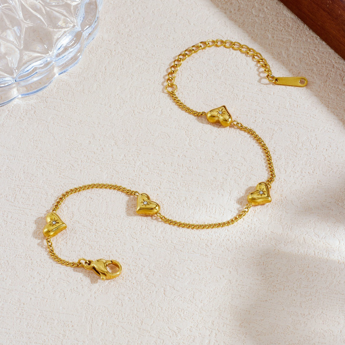 Minimalist Gold Plated Heart Rhinestone Stainless Steel Bracelet for Women