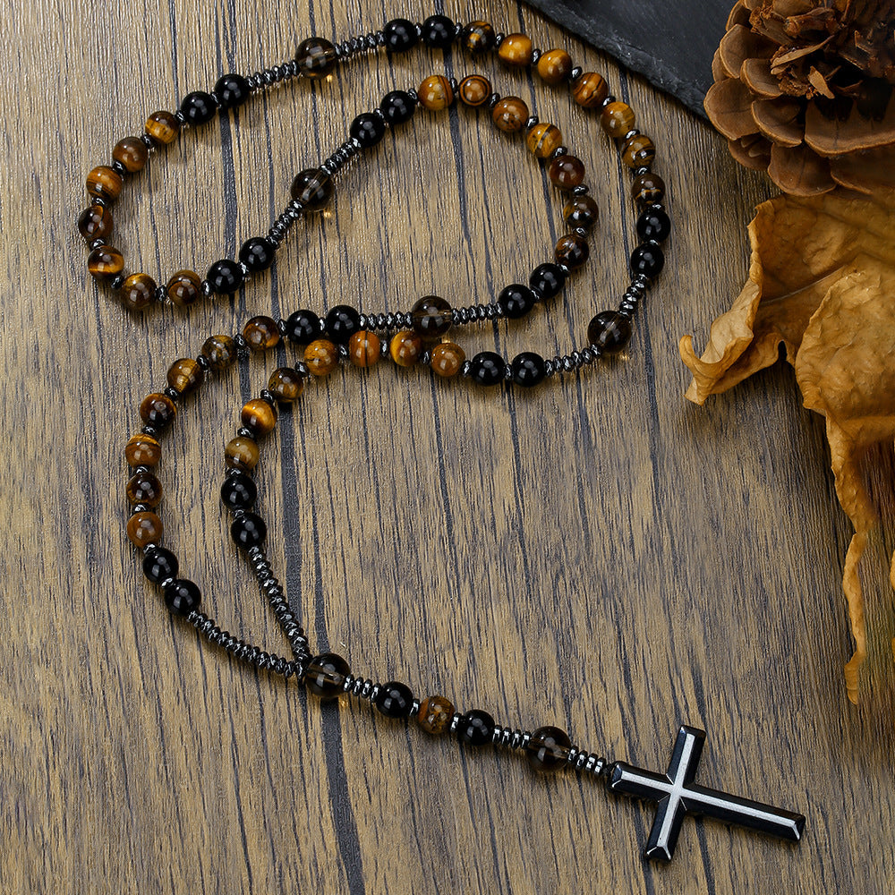 Bohemian Multicolor Natural Stone Beaded Cross Necklace for Men and Women