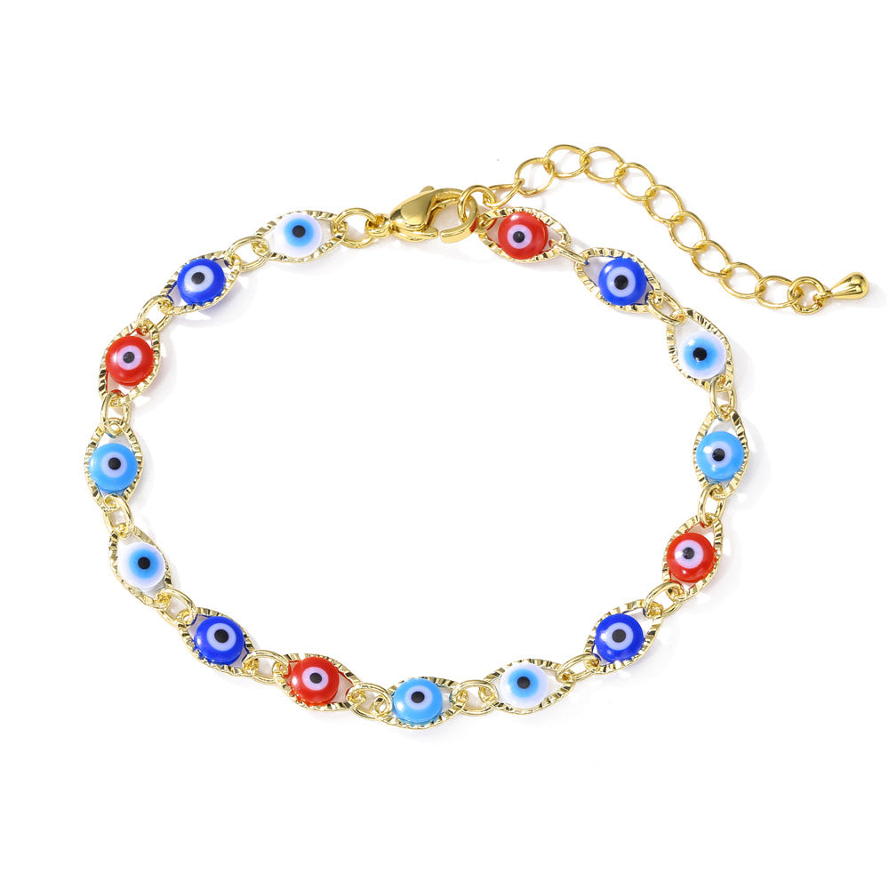 Geometric Style Evil Eye Bracelet in Copper with Gold Plating and Enamel Finish