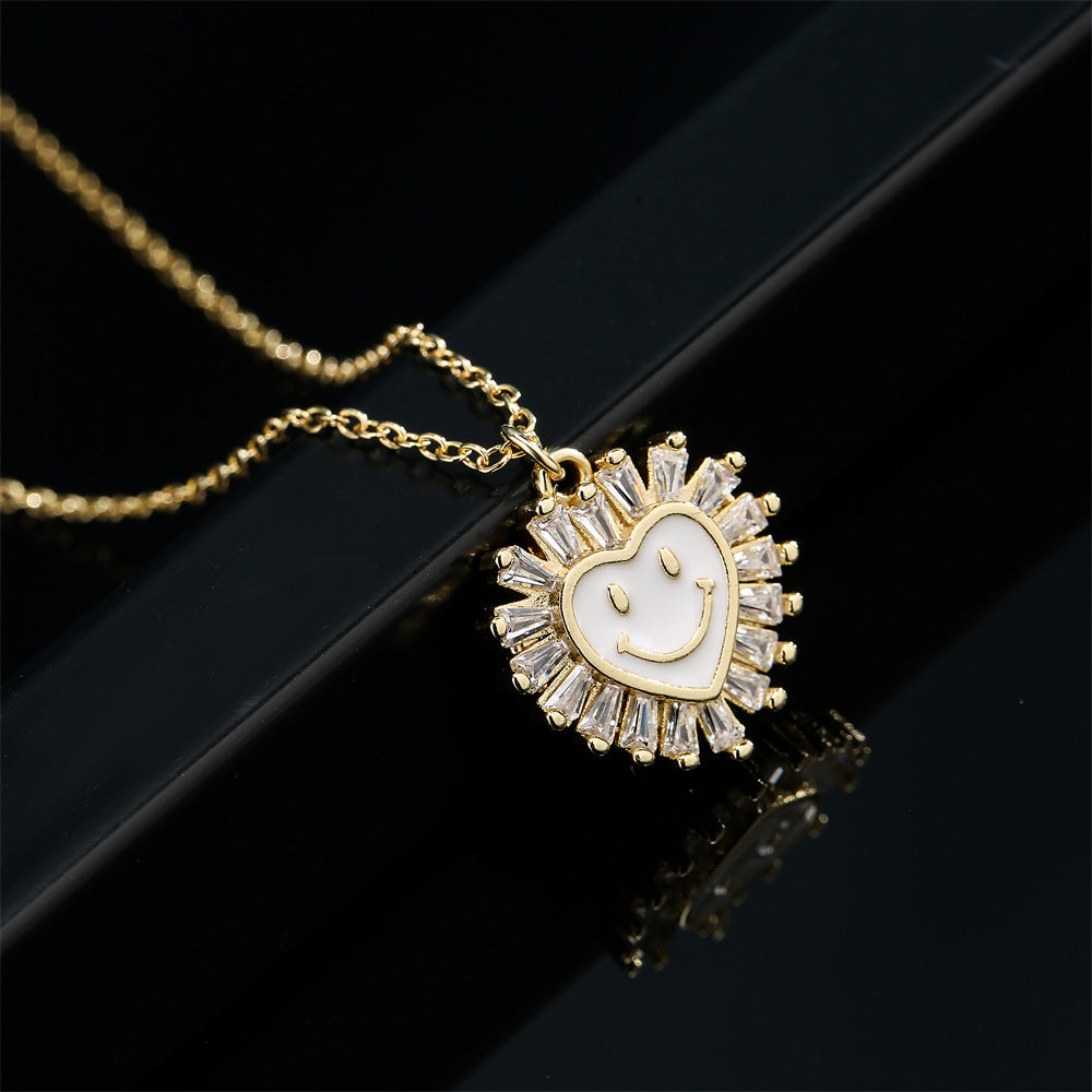 Cute Heart-Shaped Copper Pendant Necklace with Micro-Paved Zirconia and Enamel Smile Design