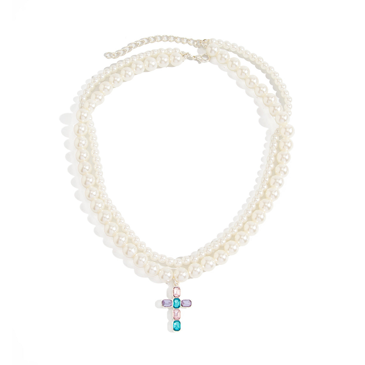 Luxury Rhinestone Inlaid Cross Pendant Zinc Alloy Imitation Pearl Double Layer Necklace for Women