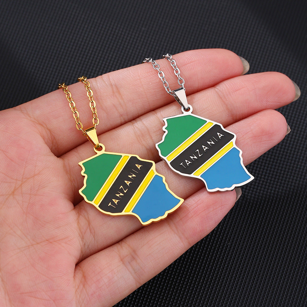 Collar con colgante de mapa de Tanzania y bandera, diseño geométrico étnico, de acero inoxidable con acabado chapado, unisex