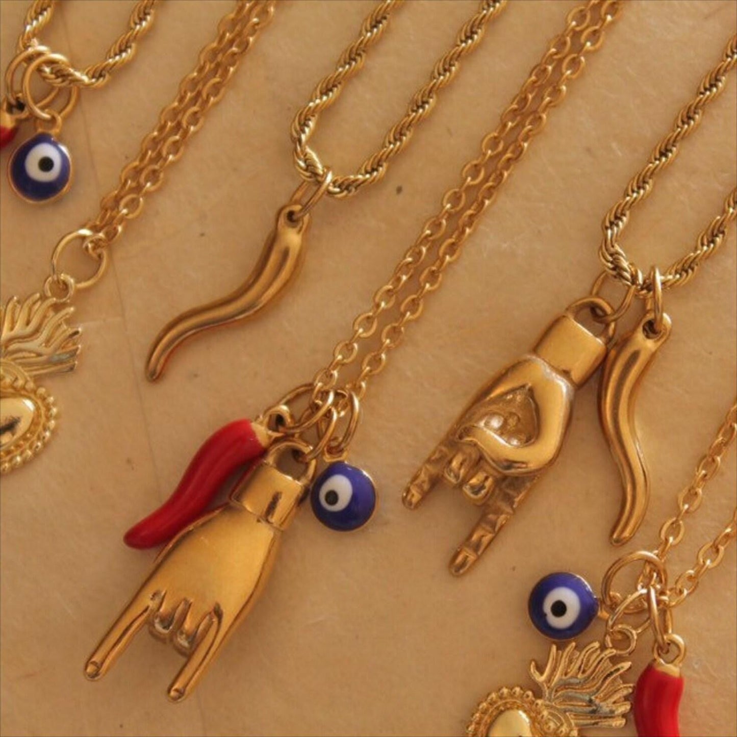 Vintage Geometric Evil Eye Horn Pendant Stainless Steel Necklace with Rope and Cable Chain PVD Plated for Women