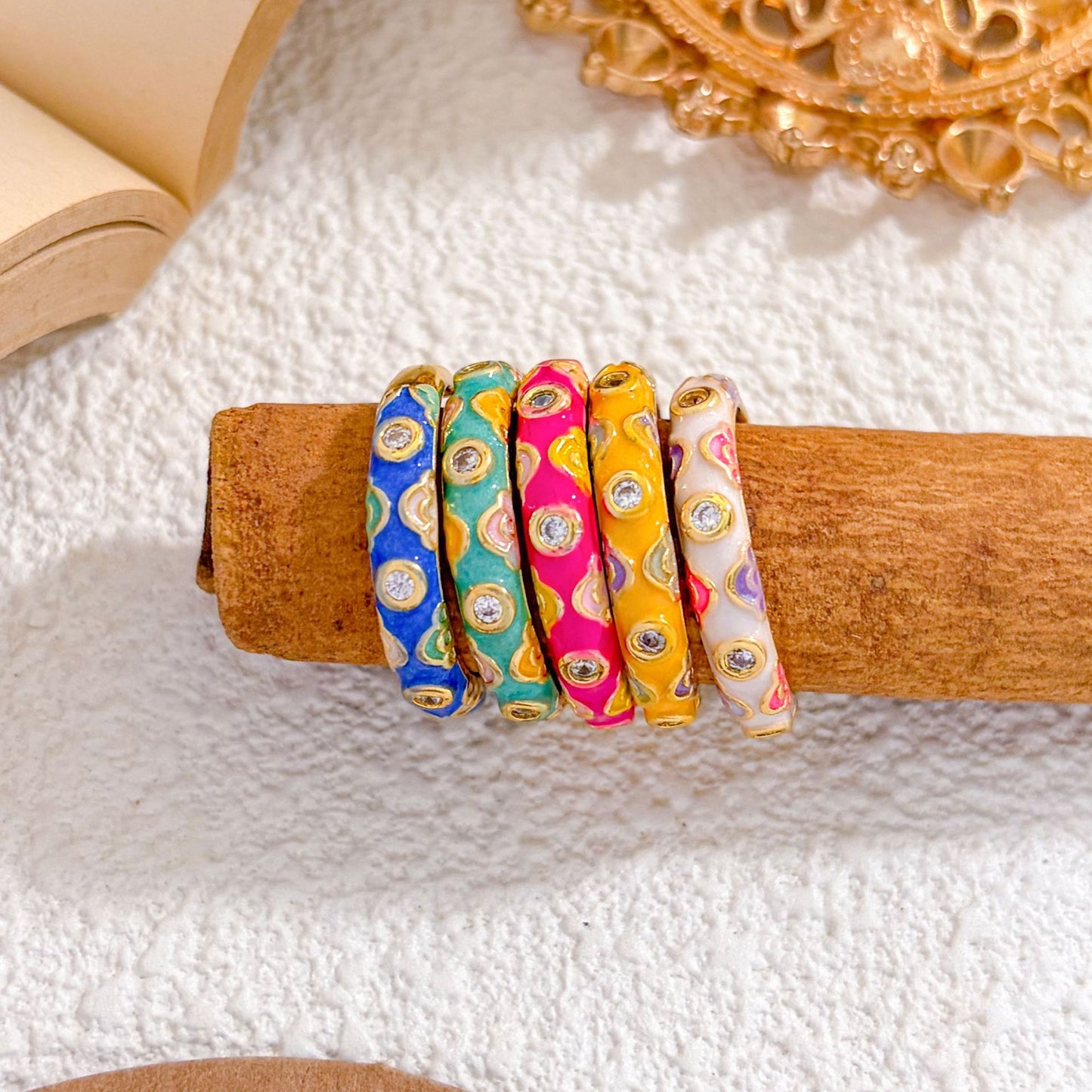 Vintage Sweet Enamel Gold Plated Brass Heart Open Ring for Women