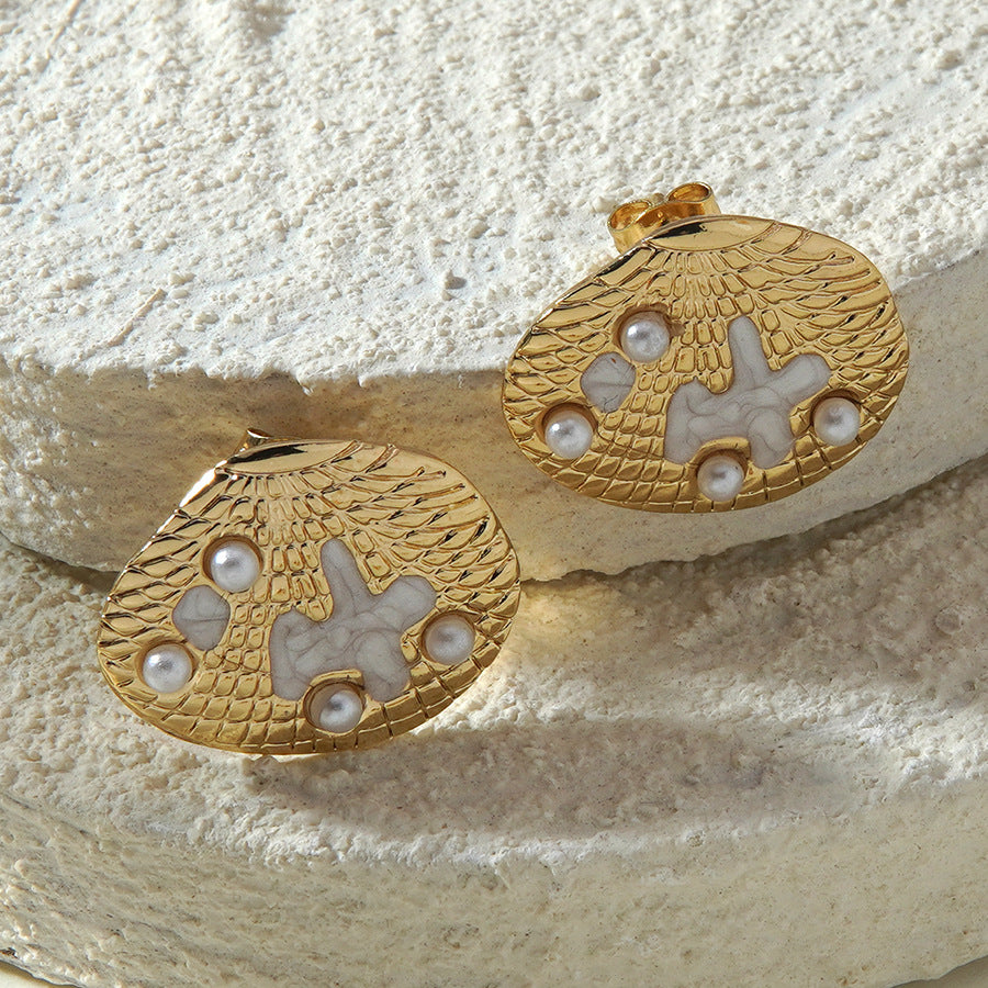 Orecchini in Acciaio Inossidabile con Design a Goccia Geometrica, Perla di Concha e Nota Musicale, Stile Lusso Casual, per Donna