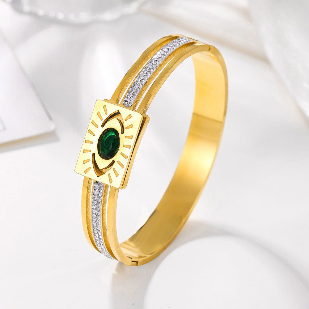 Streetwear 18K Gold PVD Stainless Steel Evil Eye Diamond Inlay Spring Clasp Bangle