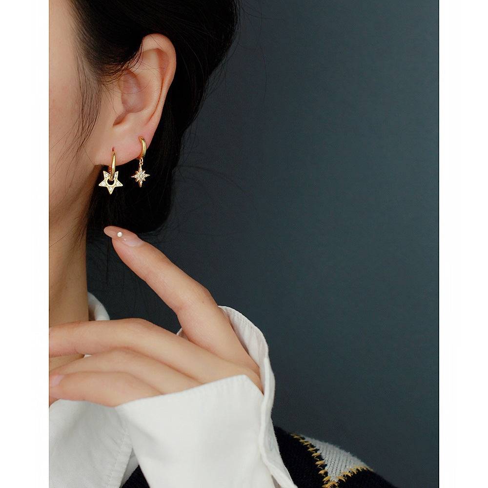 Minimalist Star-Shaped 925 Sterling Silver Stud Earrings with Rhinestone Inlay for Women