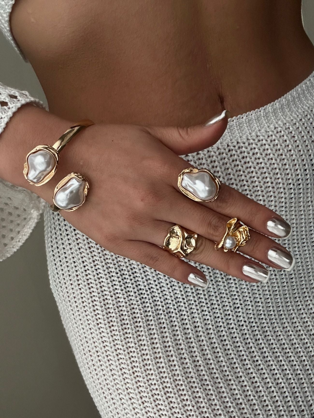 Minimalist Casual Geometric Plated Pearl Ring Set
