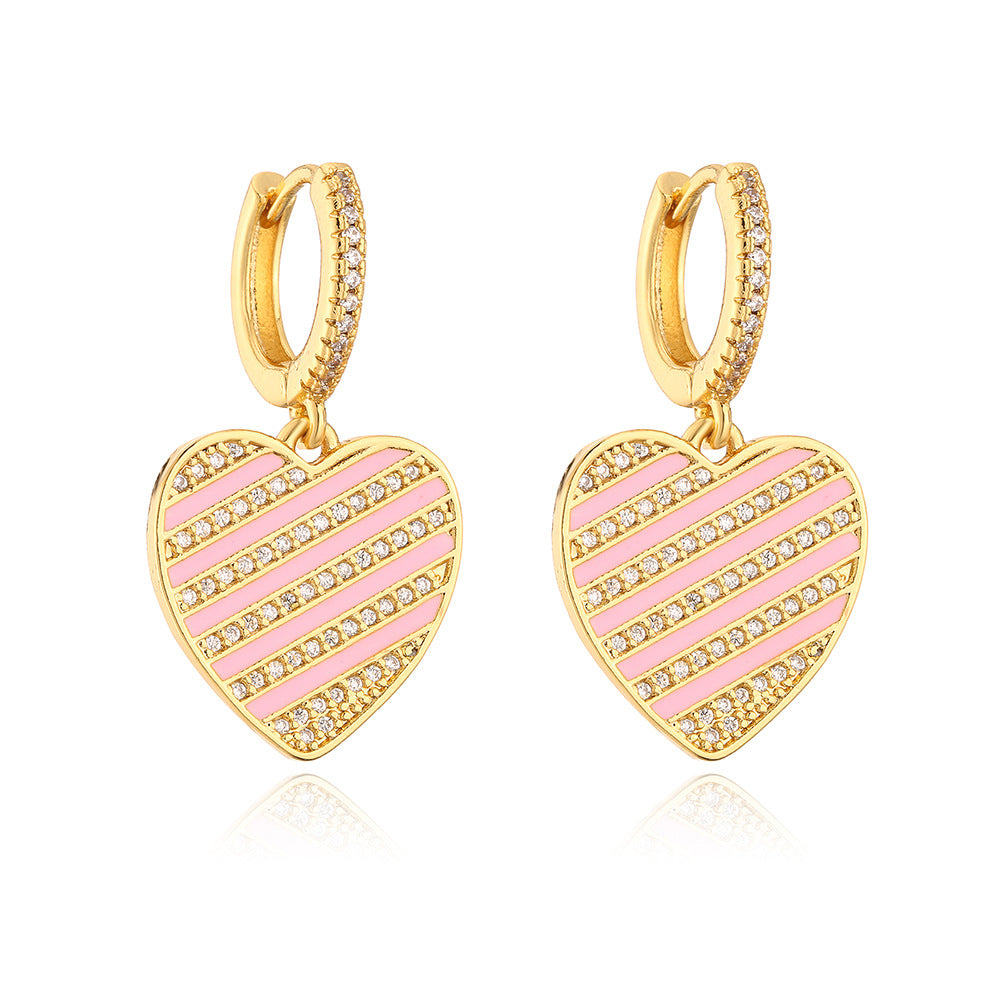 Orecchini a Cuore Minimalisti in Rame Placcati Oro 18K, con Finitura a Smalto e Zirconi Micro-Incastonati, da Donna