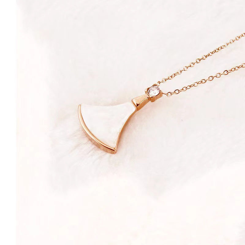 Minimalist Irregular Skirt Fan Shape Rose Gold Plated Titanium Steel Necklace with White Mother of Pearl