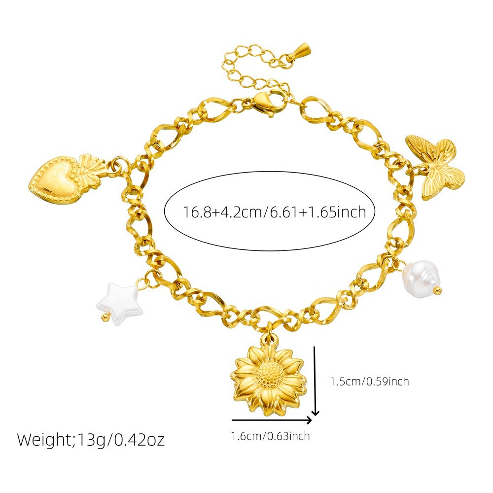 Gold Plated Stainless Steel Star Heart Butterfly Floral Bracelet