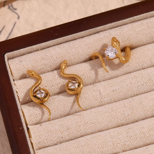 Fashionable Geometric Snake-Shaped Earrings for Women in Stainless Steel with 18K Gold Plating and Cubic Zirconia Scale Texture