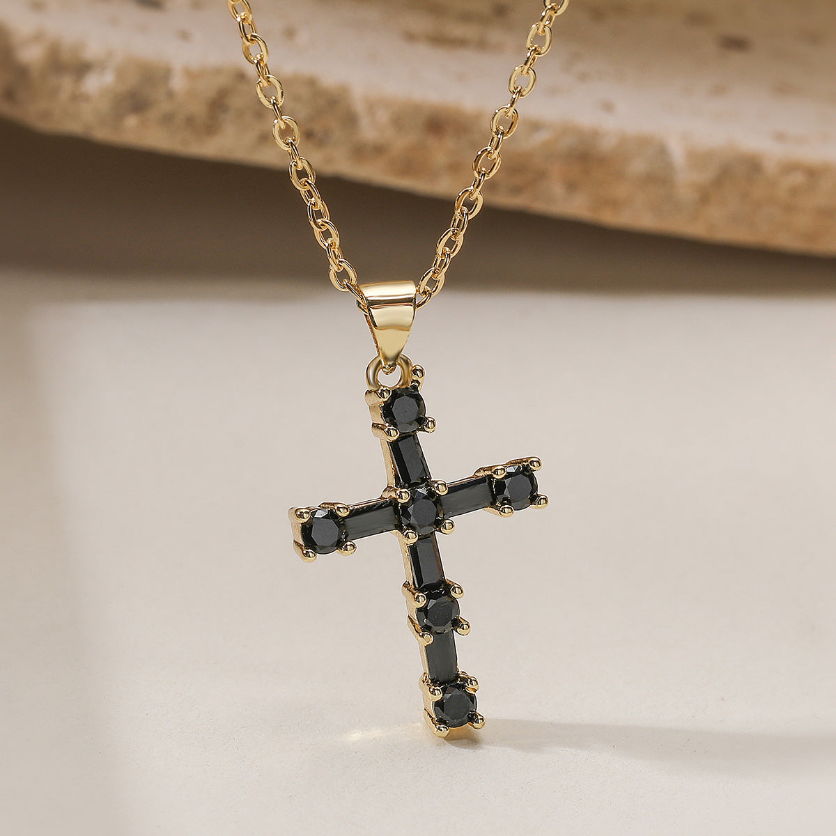 Minimalist Elegant 18K Gold Plated Brass Cubic Zirconia Cross Pendant Necklace for Women