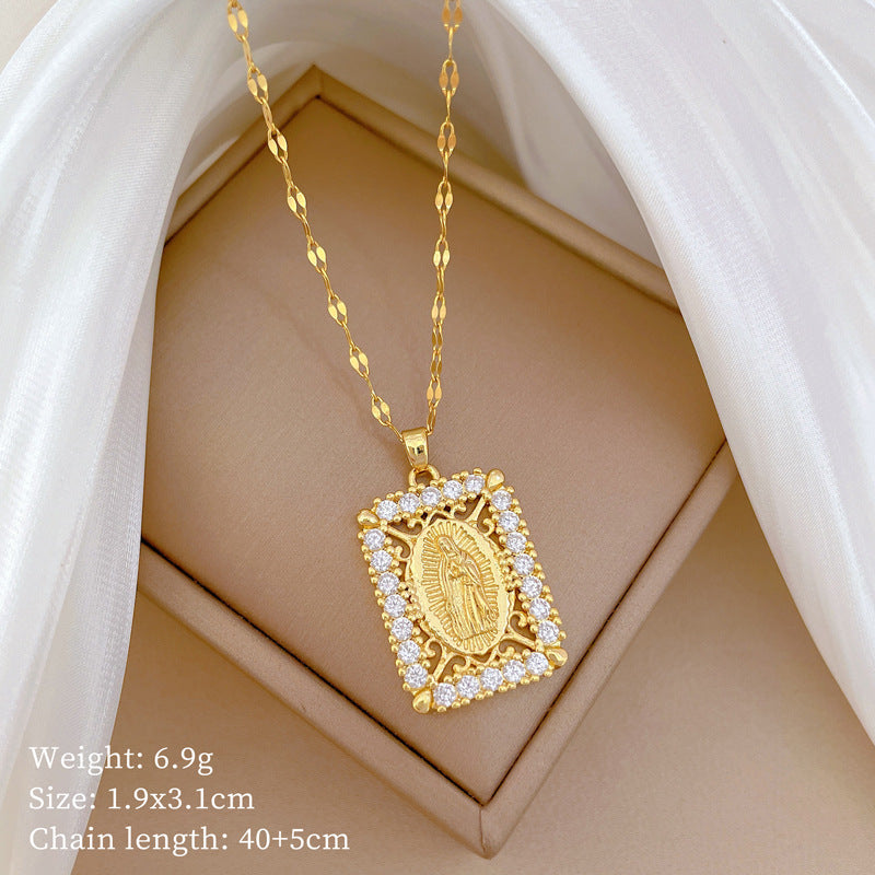 Luxury Minimalist Sweet Geometric Rhinestone Pendant Necklace for Women Titanium Steel O-Chain