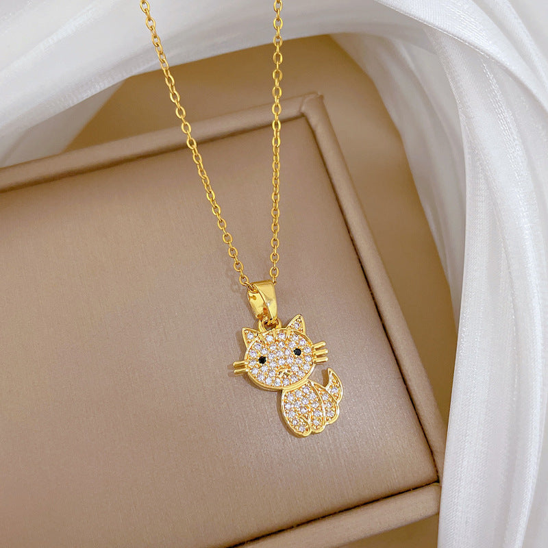 Sweet Cartoon Full Cubic Zirconia Cat and Moon Pendant Titanium Steel Necklace Set for Unisex