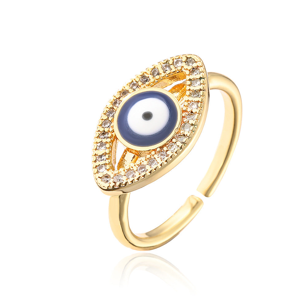 Fashion Geometric Open Ring for Women with Enamel Finish and Zircon Inlay in Copper Plated with Real Gold