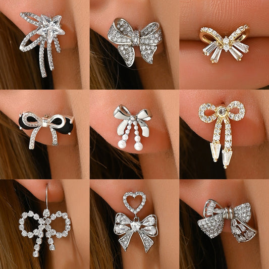 Orecchini da donna in rame a forma di fiocco, minimalisti e graziosi, con intarsio di zirconi