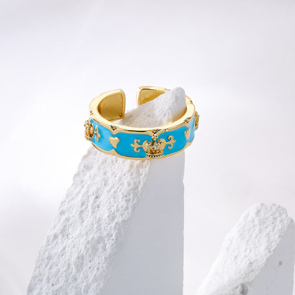 Minimalist Geometric Copper Ring with 18K Gold Plating, Enamel Crown Design and Zircon Inlay for Women