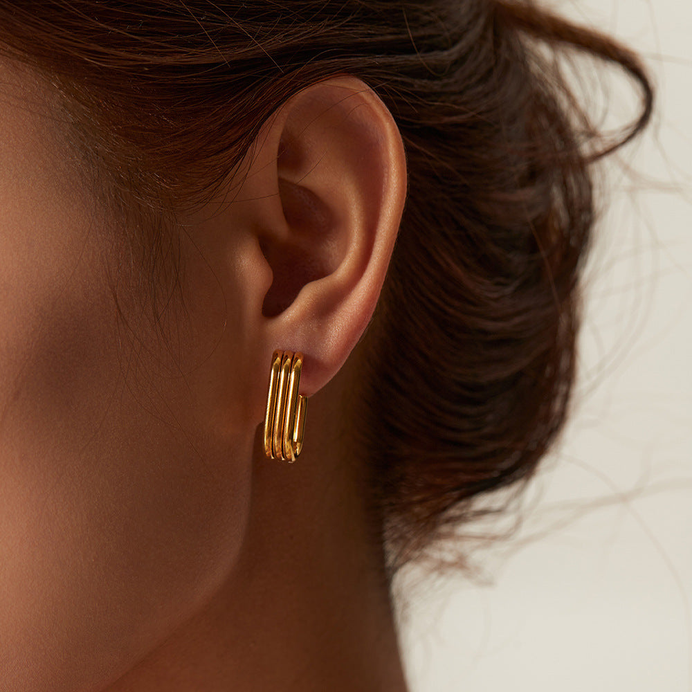 Minimalist Geometric Stainless Steel Earrings with 18K Gold Plating Triple U-Shaped Hoop Design