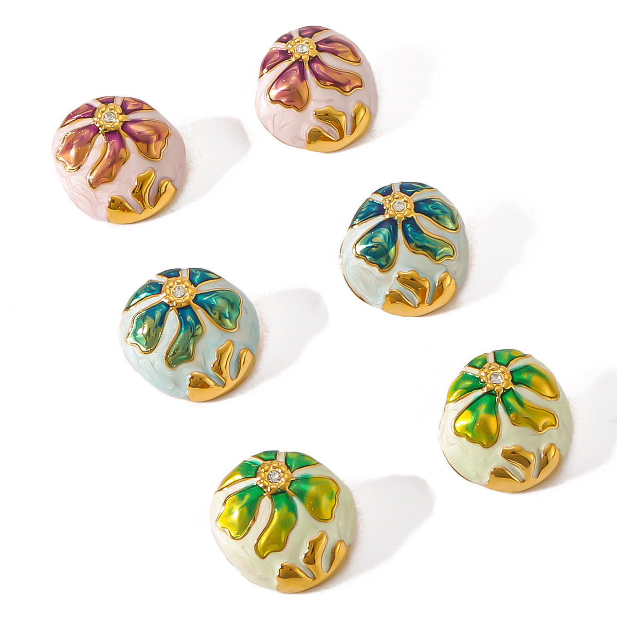 Bohemian Asymmetrical Oval Stainless Steel Earrings with Enamel Floral Pattern and 18K Gold Plating
