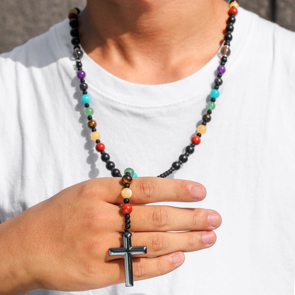 Bohemian Multicolor Natural Stone Beaded Cross Necklace for Men and Women
