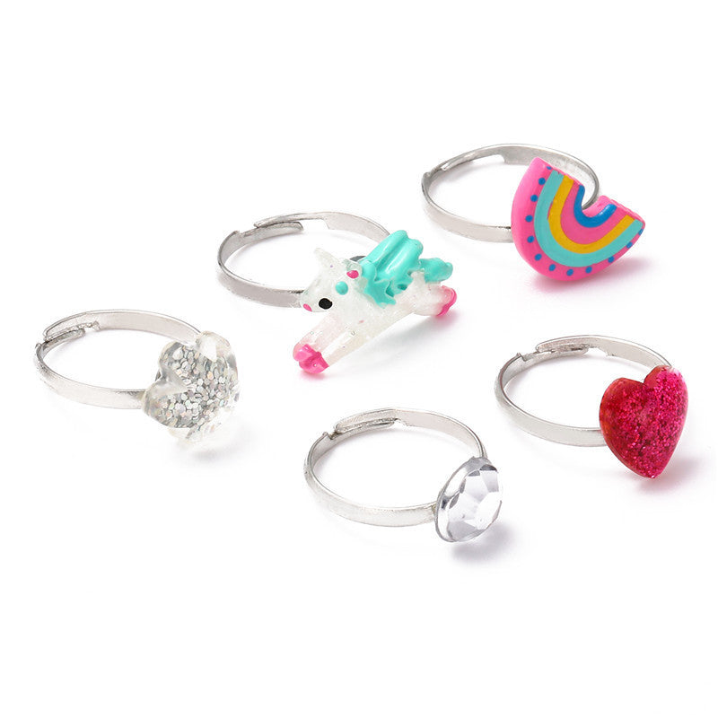 Anello in resina regolabile per bambini Unicorno Cartone Animato con forma a cuore e fantasia arcobaleno