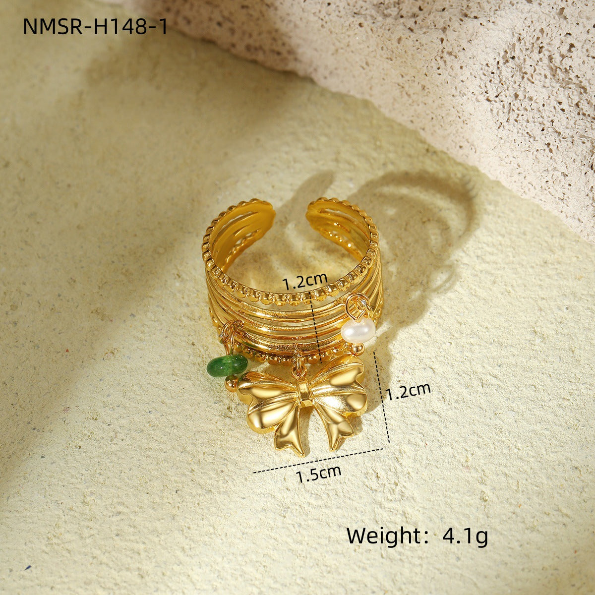 Anillo abierto de acero inoxidable con chapado, estilo francés vintage elegante, con incrustaciones de piedra natural y detalles de perlas
